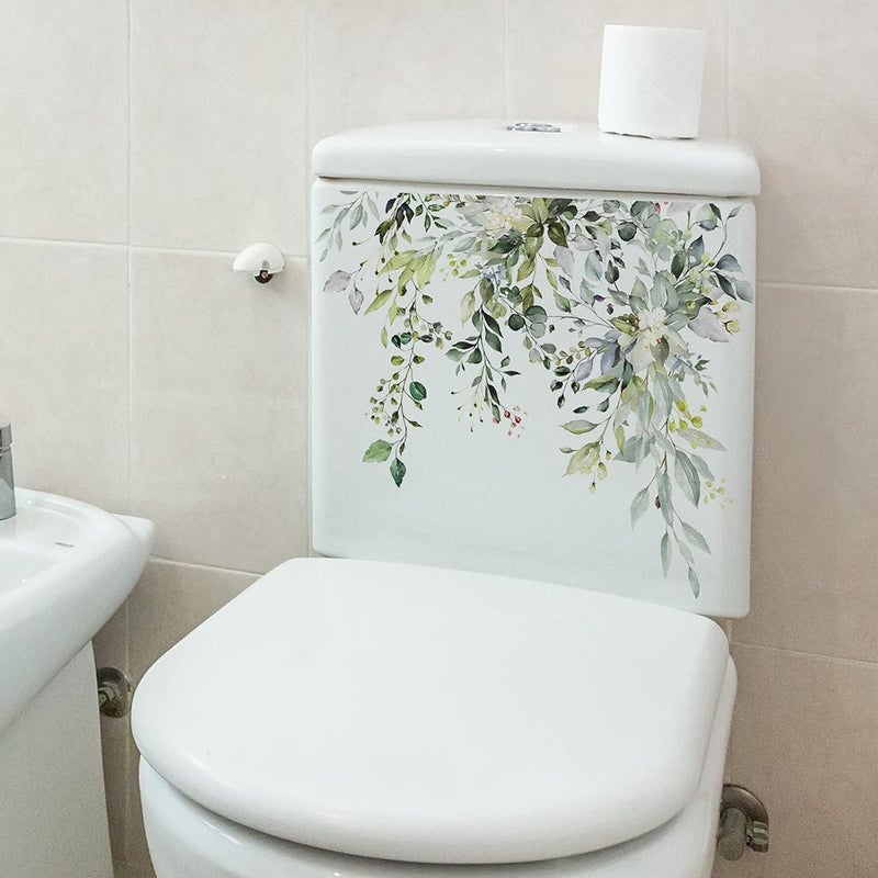 Katartizo Green Plant Leaves Flowers Toilet Seat Lid Stickers Self-Adhesive Bathroom Wall Stickers Green Leaf Floral Toilet Lid Decals DIY Removable Waterproof Toilet Sticker for Bathroom Cistern Decor - Image 2